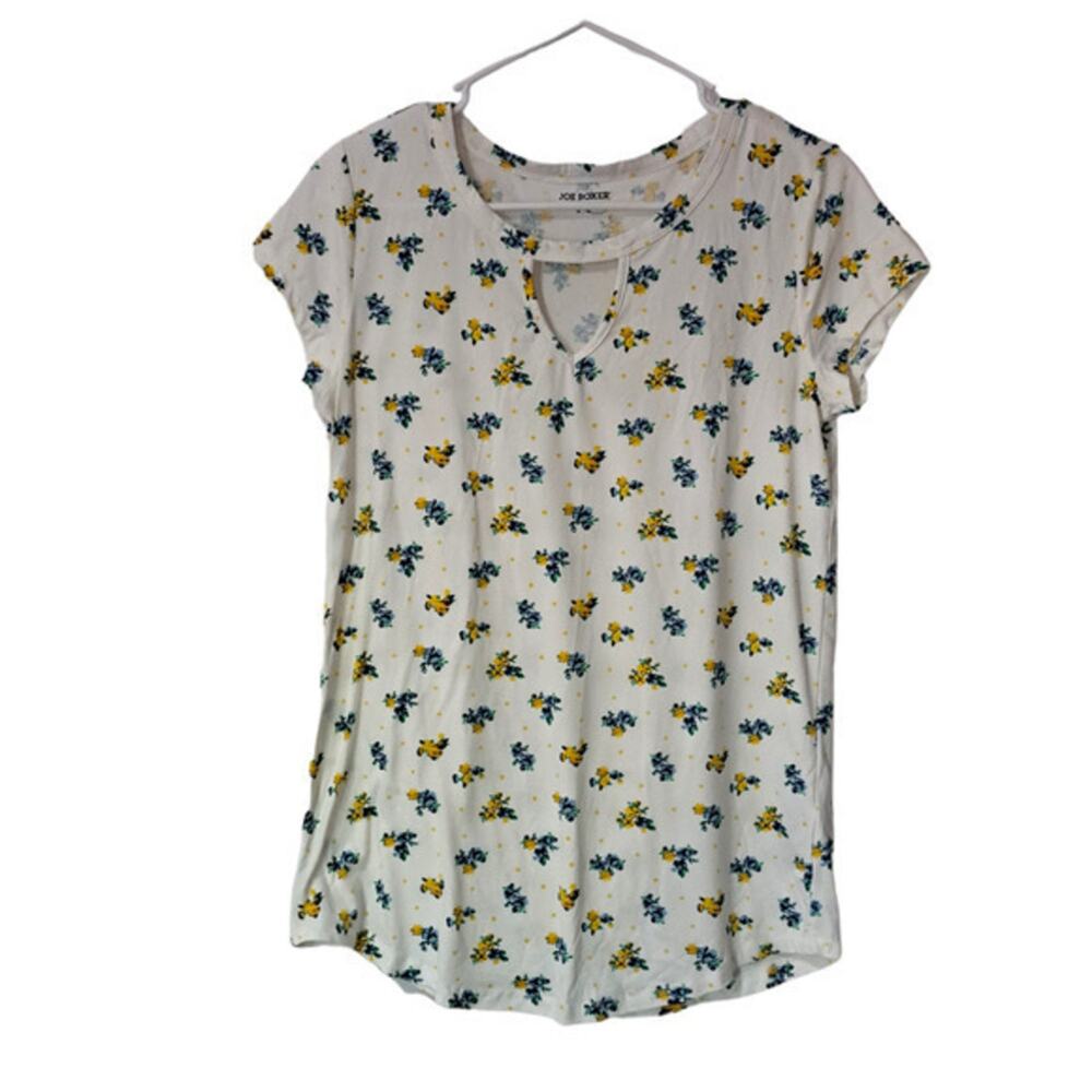 Joe Boxer Womens Cap Sleeve Floral Print White V Neck T Shirt White Size Medium
